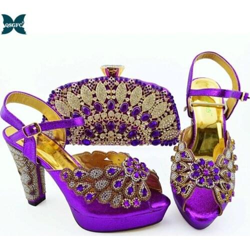 2021 African Newest Italian Design Nigerian Fashion Crystal Style Women Shoes and Bag Set in Purple for Party Wedding