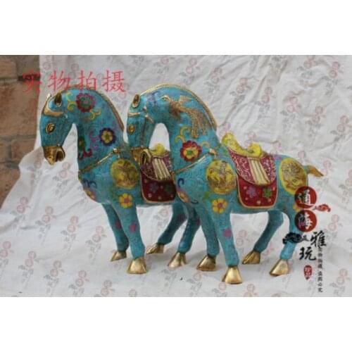 9.4" China Bronze Copper Cloisonne Enamel Dragon Phoenix War Horse Steed Statue Pair
