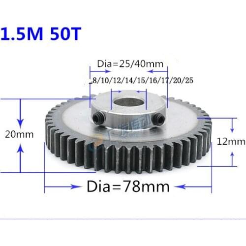 9pc 1.5M 50T 1pc 1.5mod 25teeth 1.5 mod gear rack 50teeth bore 8-25mm spur gear precision 45 steel cnc pinion