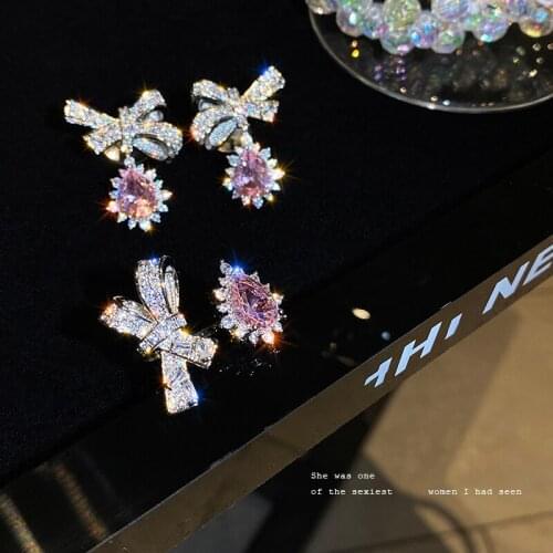 Korea new design fashion jewelry exquisite luxury AAA pink zircon earrings ring elegant women wedding party party earrings