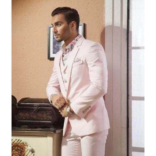 Handsome Pink Mens Suits Groom Tuxedos Groomsmen Wedding Party Dinner Best Man Suits Blazer (Jacket+Pants+Vest) NO:1398