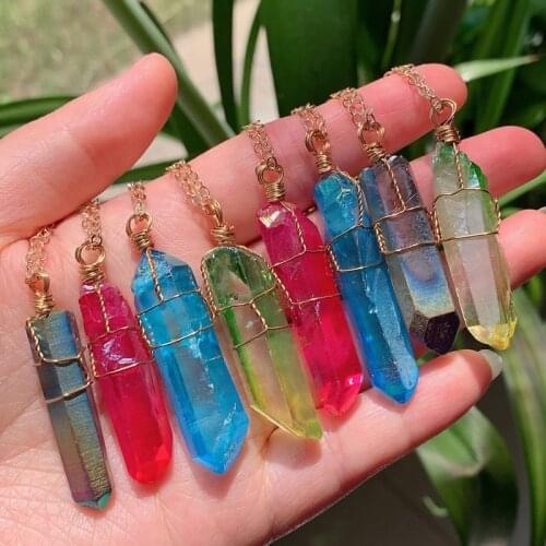 Healing Jewelry Rock Crystal Pendulo Natural Stone Pendant Necklace Wire Wrap Hexagonal Long Point Quartz Pendulum Necklace