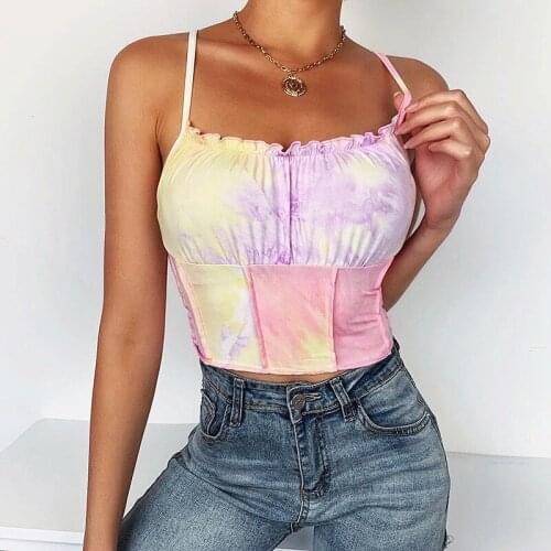 Summer Women Tie-dye Print Vest Fashion Sleeveless Strapless Solid Ruffles Crop Tops Pullovers Ladies Tanks Sexy Women Camisole