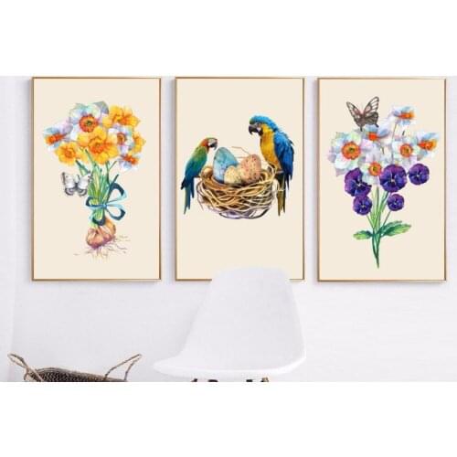 3piece Small Fresh Nordic Hand Painted Watercolor Flower Parrot Bird Nest Plant Decorative Painting Frame painting 16943326