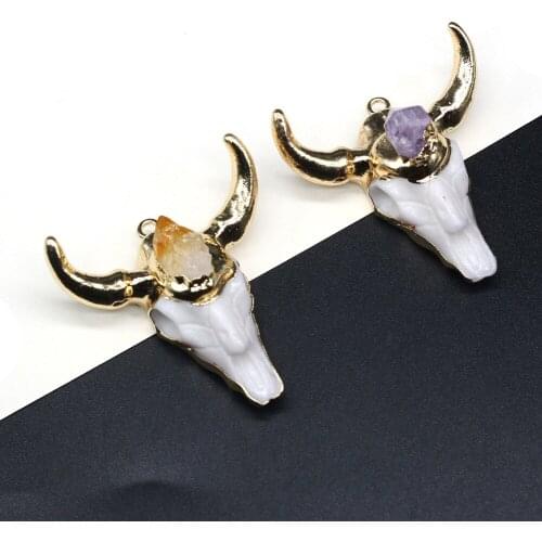 Fashion Acrylic Bull Skull Head Pendant Natural Stone Amethysts Charms for Jewelry Making DIY Necklace Accessories Size 47x47mm