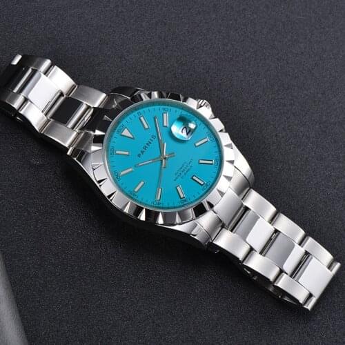 PARNIS Brand Mechancial Men Watch Sapphire Gass 21 Jewels MIYOTA 8215 Movement Metal Strap Blue Dial Date Magnifier