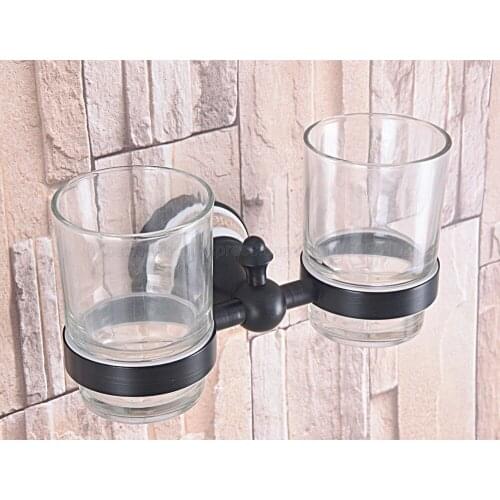 Oil Rubbed Bronze Wall Mounted Double Toothbrush Holders With 2 Glass Cups Tooth Cup Holders For Bathroom Accessories zba708