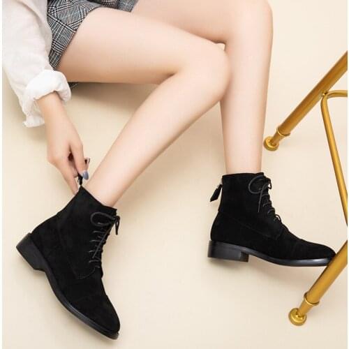 New Vintage Round Toe Flock Motorcycle Boots Women Spring Autumn Casual Boots Ladies Casual Lace Up Back Zipper Flat Ankle Boots