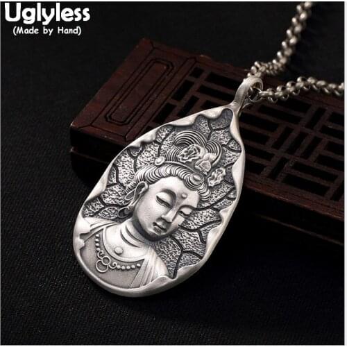 Uglyless Real 999 Pure Silver Handmade Bodhisattva Pendants Necklaces no Chains Buddhism Thai Silver Buddha Pendant Water drop