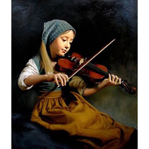 Primitive hand paintings on canvas: beautiful little girl playing violin and blue scarf, free delivery