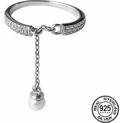 S925 Silver Diamond Tassel Chain Pearl Rings Open Adjustable For Women Korean New Trendy Hot Sale Wedding Gifts Fashion Jewelry