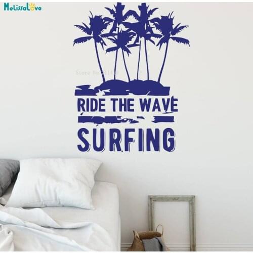 Ride the Wave Surfing Palm Tree Shark Surf Wall Sticker Boy Sports Decoration Surfboard Self-adhesive Bedroom Decals YT1755