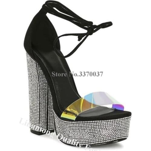 Linamong Bling Bling Rhinestone High Platform Chunky Heel Gladiator Sandals One Strap PVC Black Crystal Thick High Heel Sandals