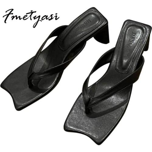 Women Sandal Square High Heel Elegant Slip On Sliders Ladies Summer Outdoor Beach Flip Flops Dress Pumps Roman Height Increasing