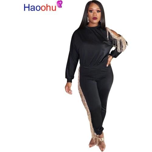 HAOOHU Sexy Sequin Tassel Two Piece Set Women Fall Winter Festival Clothing Top and Pant 2 Piece Matching Suit Club Outfits