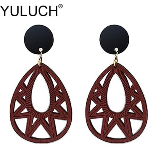 YULUCH Pop Women Red Hollow Natural Wood Stud Earrings Fashion Jewelry 2019 Ethnic African Indian Long Earrings For Party Gift