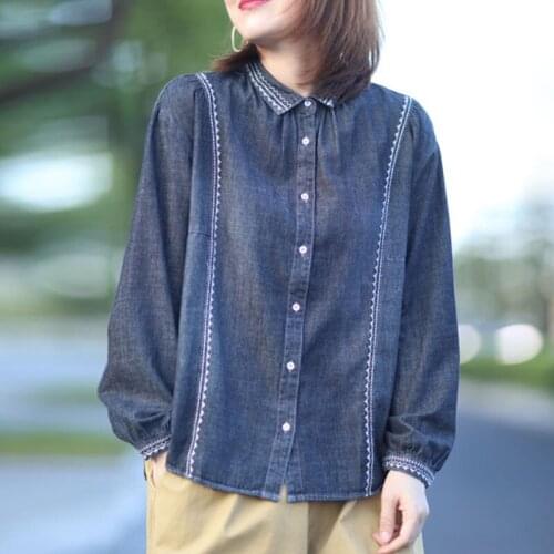 Johnature Fashion Retro Embroidery Turn-down Collar Long Sleeve Denim All-match Shirt 2020 Autumn New Loose Leisure Women Tops