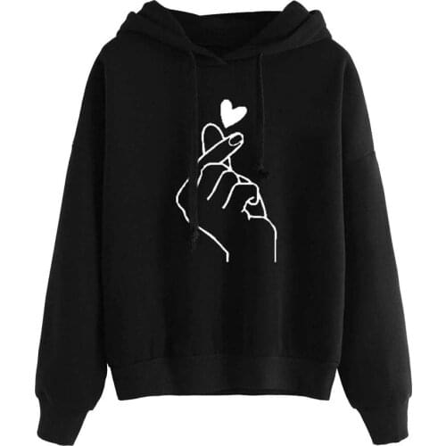 Harajuku Womens Sweatshirt Hoody Ladies Oversize Yellow Pink Love Heart Finger Hooded Casual Hoodies For Girls Blouse Jackets