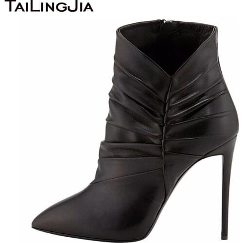 Ladies Boots 2017 Sweet Black Pointed Toe Pleated Stiletto Heel Ankle Autumn Boots For Women Zipper Shoes Handmade Large Size