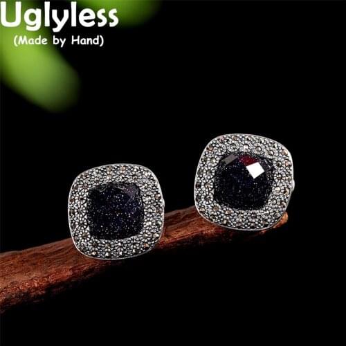 Uglyless Noble Women Blue Sands Stones Faceted Gemstones Studs Earrings Solid 925 Silver Earrings Square Marcasite Brincos E1443