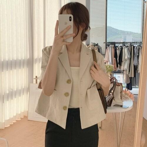 2021 Womens Summer Thin French Simple Style Chic Cotton Linen Short sleeve Blazer All-match Cardigan casaco feminino