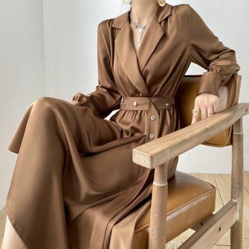 Autumn Elegant Dresses for Women Party Dress Long Sleeve Solid Color Satin Office Lady Vintage Suit Collar Long Dress with Belt