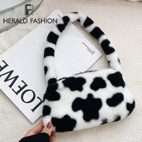 2021 New Fashion Women Cow Print Mini Shoulder Bags Female Winter Plush Underarm Bags Leopard Zebra Pattern Fluffy Tote Bags