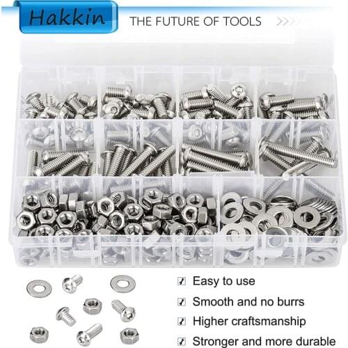 330pcs SAE 1/4-20 UNC Round Head Inner Hexagon Screw Bolts Flat Washers Nuts Assortment Kit 304 Stainless Steel Machine Screws