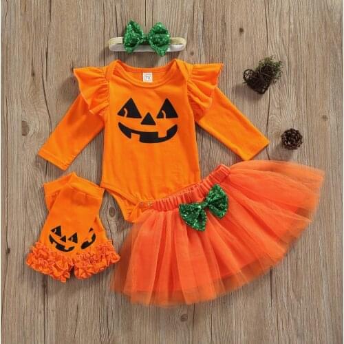 4Pcs Halloween Baby Girls Outfit Pumpkin Printing Long Sleeve Round Collar Romper Mesh Bubble SkirtLeggings Headwear Costume Set