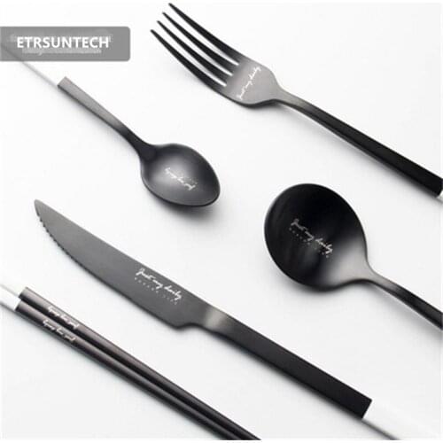 50Pcs Nordic Style Tableware Spoon Fork Knife Combination Black And White Stainless Steel Restaurant Kitchen dessert steak