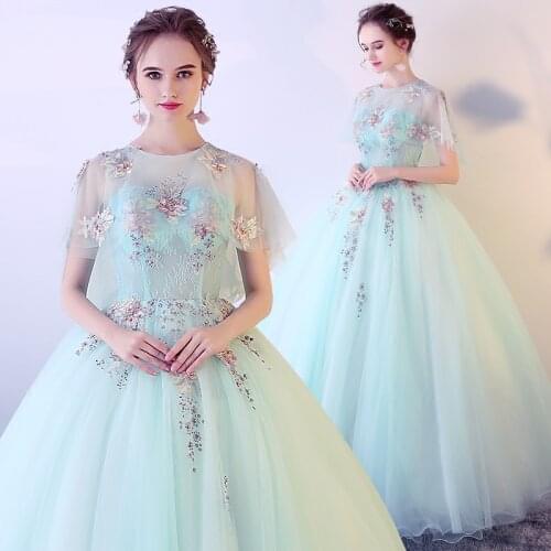 Freeship light ice blue/golden embroidery beading fairy queen collar long dress medieval Renaissance Victoria ball gown