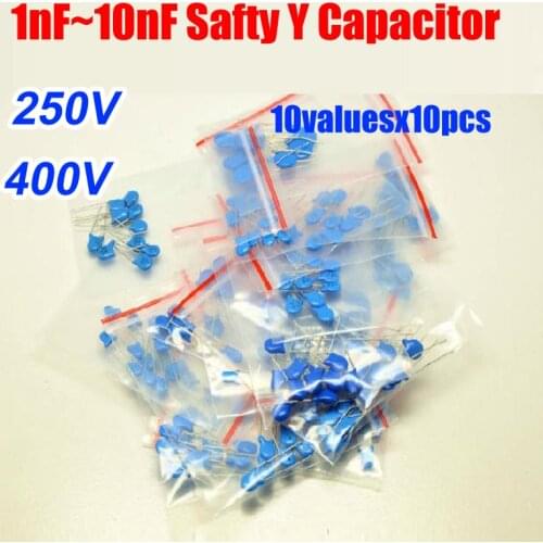 Safety Y Ceramic Y1 Capacitor 10aluesx10pcs=100pcs Assorted Kit 250VAC 400VAC 102M-472M 1nF~10nF