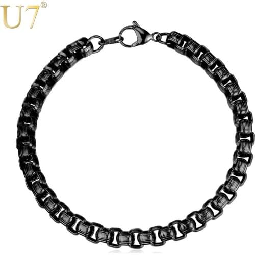 U7 Brand Men Bracelet Black Box Link Chain 7MM Width Stainless Steel Kpop Rock Punk Jewelry H1002