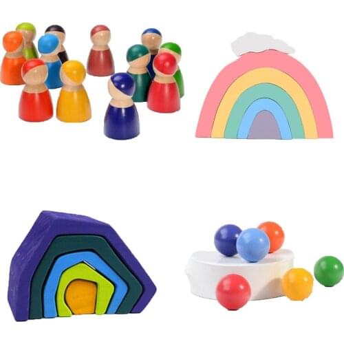 Wooden Rainbow Blocks Wooden Building Stacking Blocks Colorful Rainbow Educational Toys Children Wooden Toys