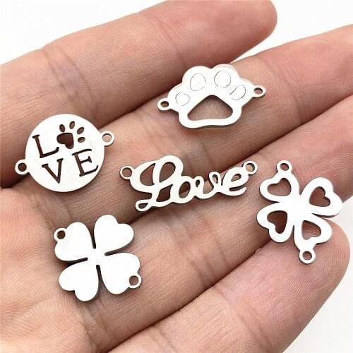 DIY 100% Stainless Stell Pet Footprint Pendant 10pcs lOVe mY Dog CAT Fashion Charms Bracelet Connectors Diy Jewelry Making