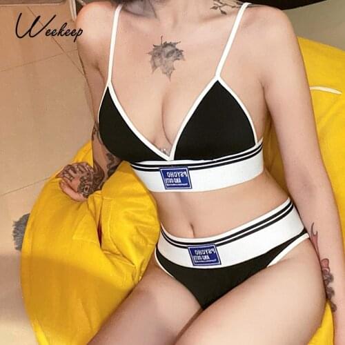 Weekeep Color Contrast Sporty Two Piece Sets Women Letter Backless Corset Tops And Patchwork Underwear Tracksuits Summer Fitness