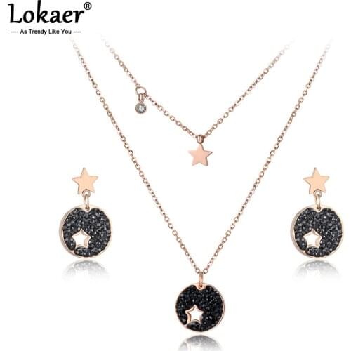 Lokaer Trendy Cubic Zirconia Star Choker Necklaces Earrings Jewelry Sets For Girls Pave Setting Rhinestone Stainless Steel SE012