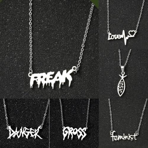 Fashion Gothic Initial Alphabet Jewelry Babygirl Gross Jesus Freak Letter Necklace Stainless Steel Jewelry Art Word Girl Women