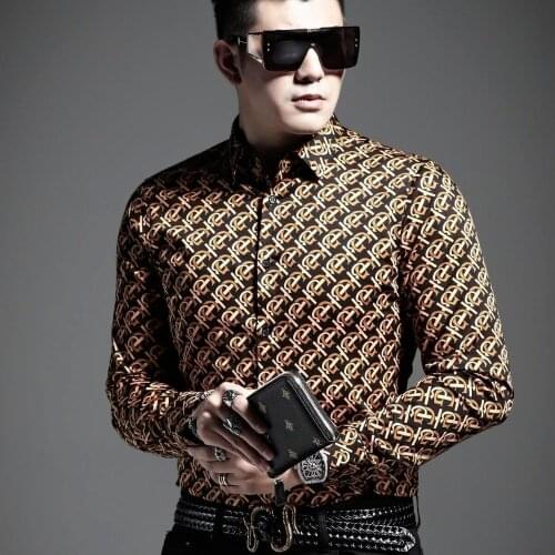 Mens Long-sleeved Shirt,New Trend In Summer and Autumn,Long-sleeved Casual Buttoned Shirt,Slim Light Luxury Letter Printing Top