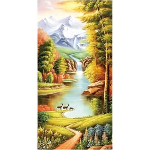 DIY Printed Cross stitch Kit,Sets For Embroidery Full Cross-Stitching Silk Fall Water Landscape Needlework