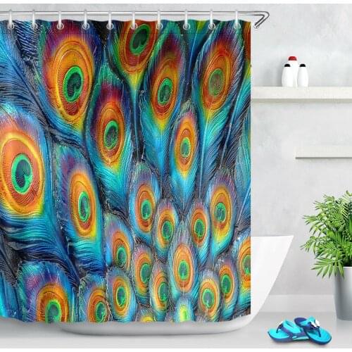 100% Polyester Fabric Colorful Peacock Feather Shower Curtain Set