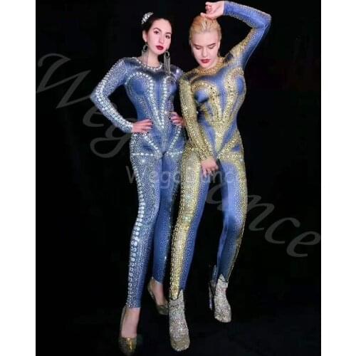 New Women Clothing Long Sleeves Silver Gold Rhinestones Jumpsuit Birthday Prom Outfit Singer Dancer Costume Evening Clothes