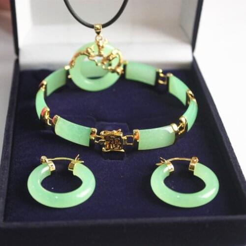 New! womans noblest green jade dragon pendant & earring bracelet jewelry set