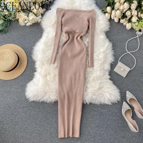OCEANLOVE Knitted Woman Dress Solid Slash Neck Sexy Bodycon Vestidos 2021 Spring Autumn High Waist Stretch Long Dresses 19497
