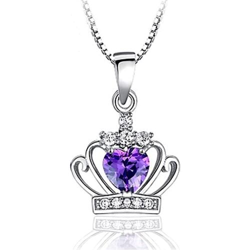 Nice Real 925 Sterling Silver With Purple CZ Crystal Cubic Zirconia Pendant Necklace Pretty Crown Shaped Jewelry