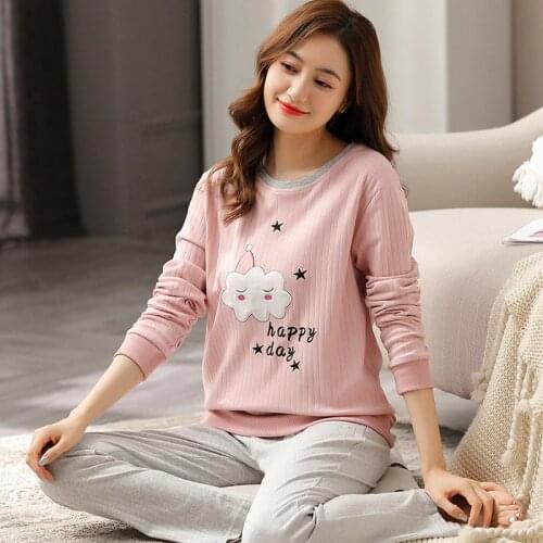 Winter Korean 100% Cotton Pajamas Women Sweet Pink Sleepwear PJ Ladies Solid Pijamas Mujer Home Clothes Pure Cotton Pyjama Femme