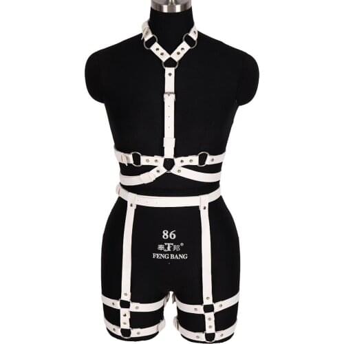 Full Body White Leather Harness Garter Belt Suspender Bondage Sexy Lingerie Goth Punk Adjust Top Fashion Cage Bra Strap Club