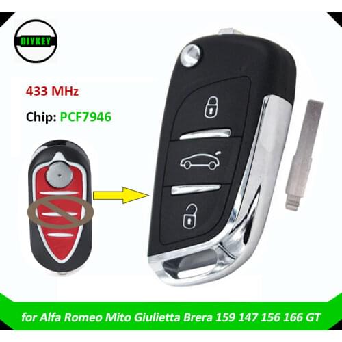 DIYKEY Upgraded Flip Remote Key 3 Button Fob 433MHz PCF7946 for Alfa Romeo Mito Giulietta Brera 159 147 156 166 GT