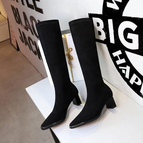 BIGTREE Sexy Knee-high Boots Women Winter High Boots Square Metal Toe Thick Heels Stretch High Boots Winter Shoes Botas Mujer