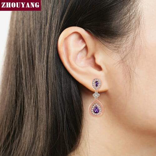 Stud Earrings For Women Girl Vintage Refinement Hollow out Purple Teardrop Crystal Rose Gold Color Wedding Party ZYE453